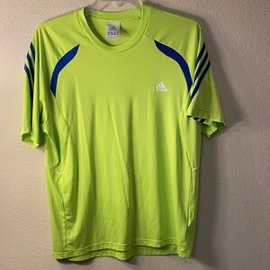 adidas Men’s Neon Yellow Short Sleeve Athletic Tee with Blue Accents